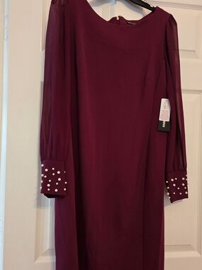 Karl Lagerfeld Burgundy Pearl-Cuff Long Sleeve Shift Dress